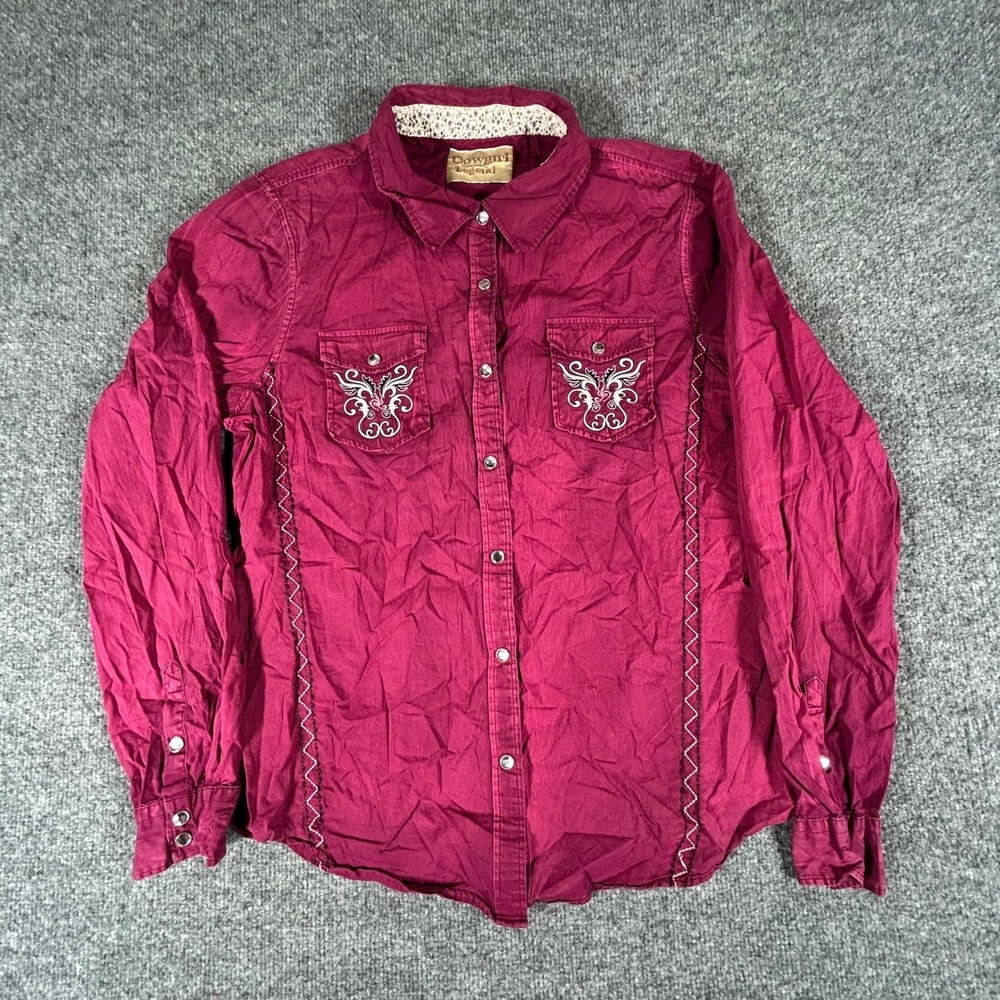 Cowgirl Legend Western Shirt Womens XL Magenta Pearl Embroidered Cotton Boho